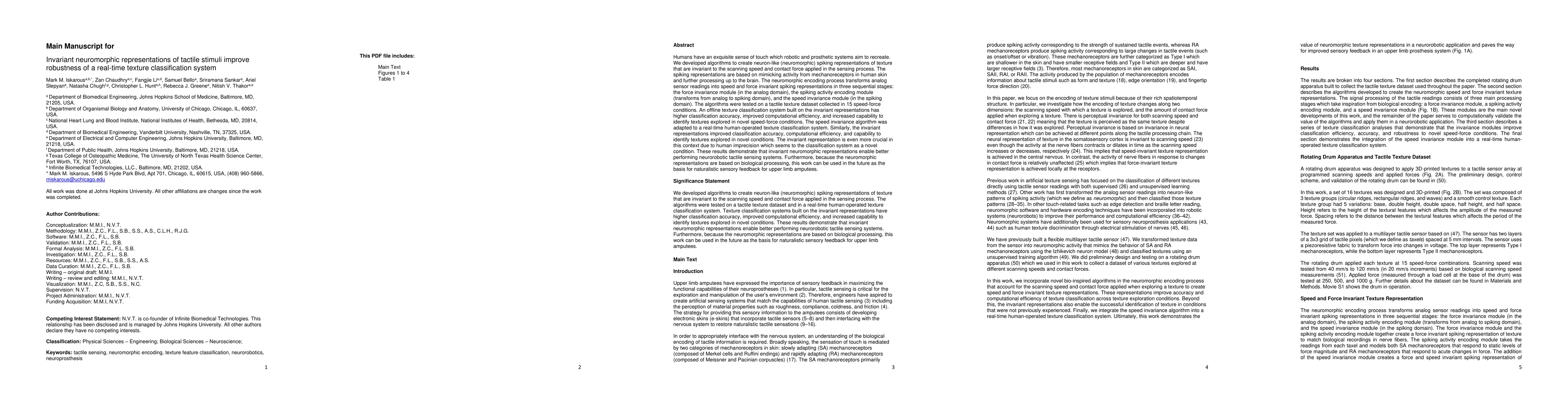 Thumbnail for Invariant neuromorphic representations of tactile stimuli improve
  robustness of a real-time texture classification system