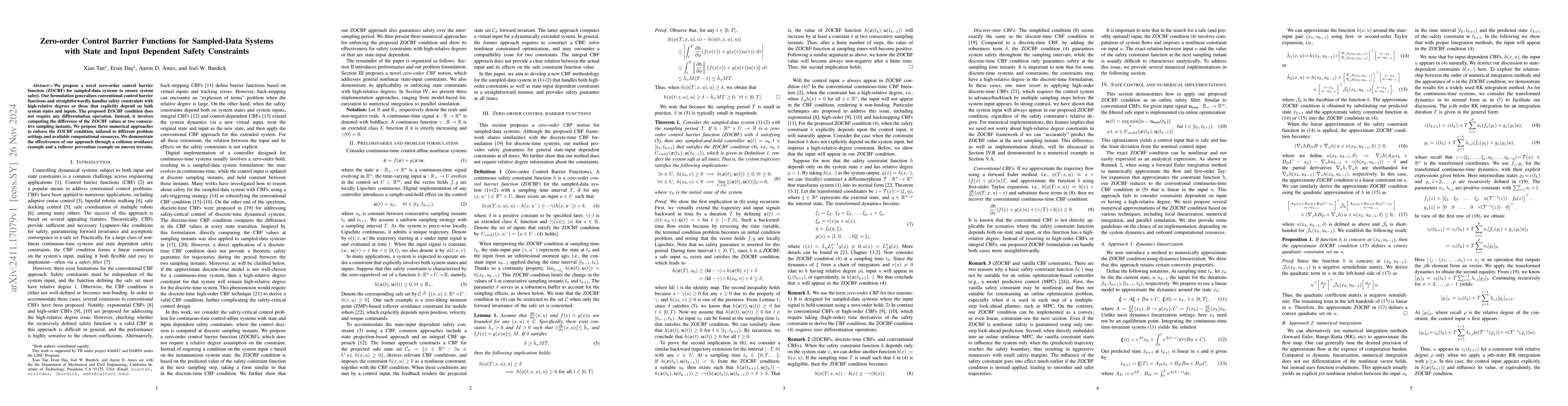 Thumbnail for Zero-order Control Barrier Functions for Sampled-Data Systems with State
  and Input Dependent Safety Constraints