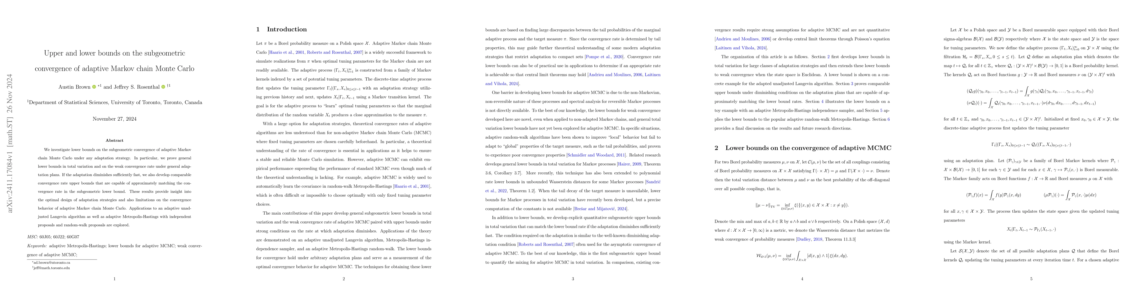 Thumbnail for Upper and lower bounds on the subgeometric convergence of adaptive
  Markov chain Monte Carlo