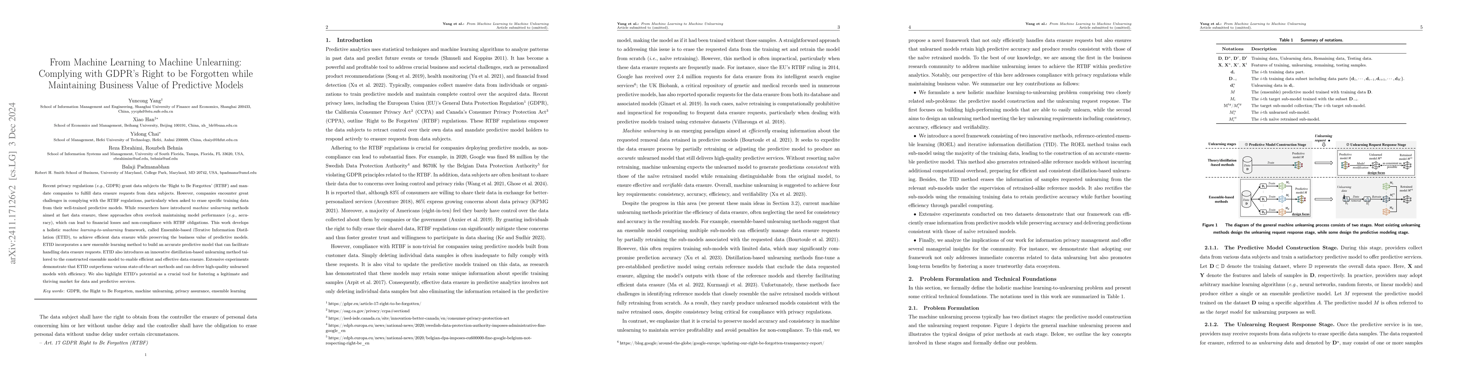 Thumbnail for From Machine Learning to Machine Unlearning: Complying with GDPR's Right
  to be Forgotten while Maintaining Business Value of Predictive Models