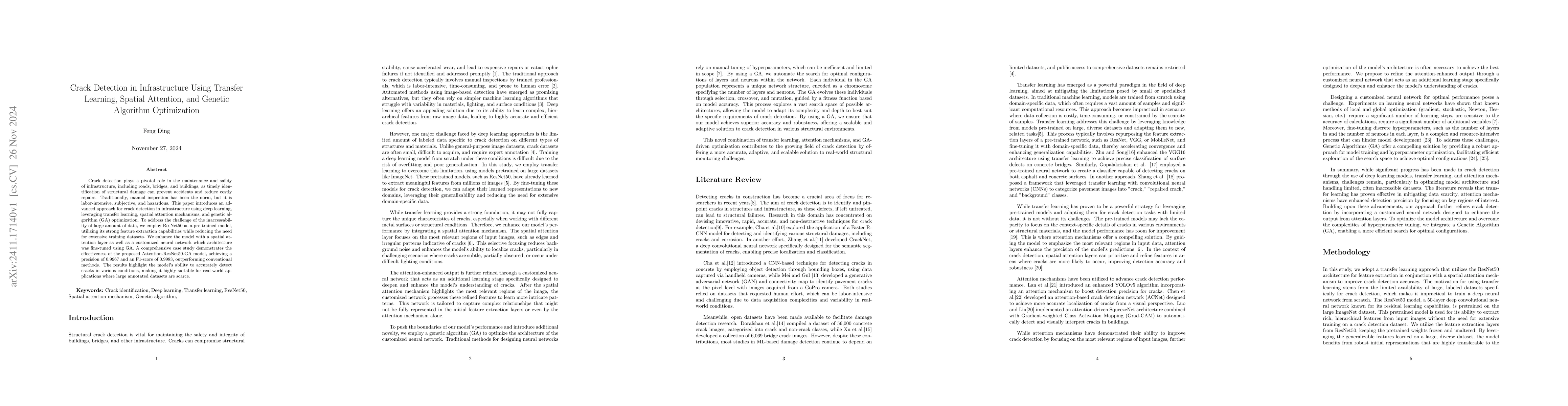 Thumbnail for Crack Detection in Infrastructure Using Transfer Learning, Spatial
  Attention, and Genetic Algorithm Optimization