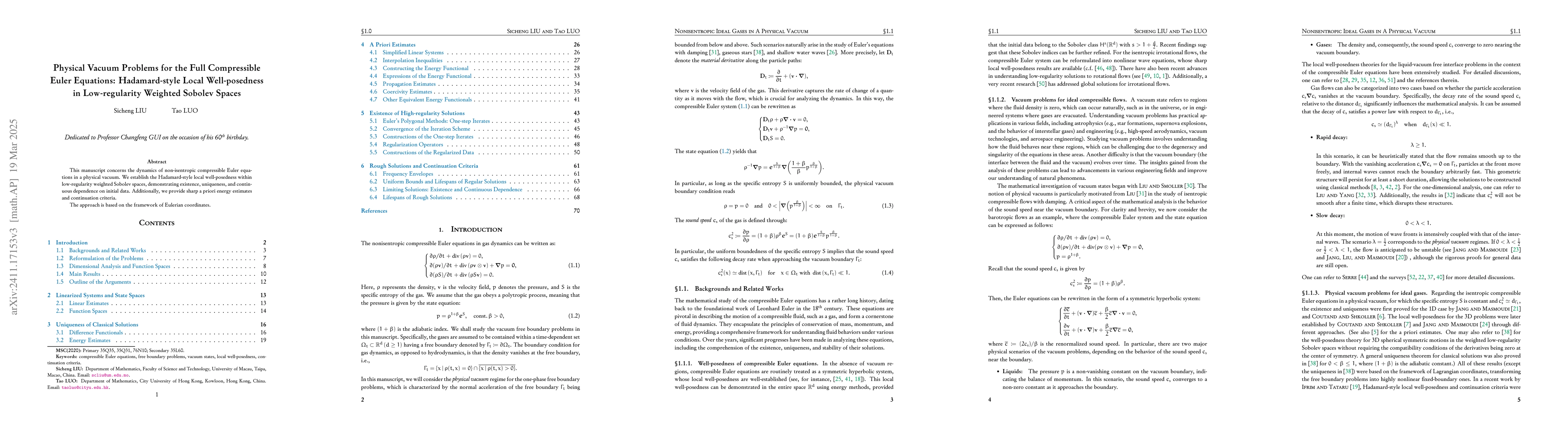 Thumbnail for Physical Vacuum Problems for the Full Compressible Euler Equations:
  Hadamard-style Local Well-posedness