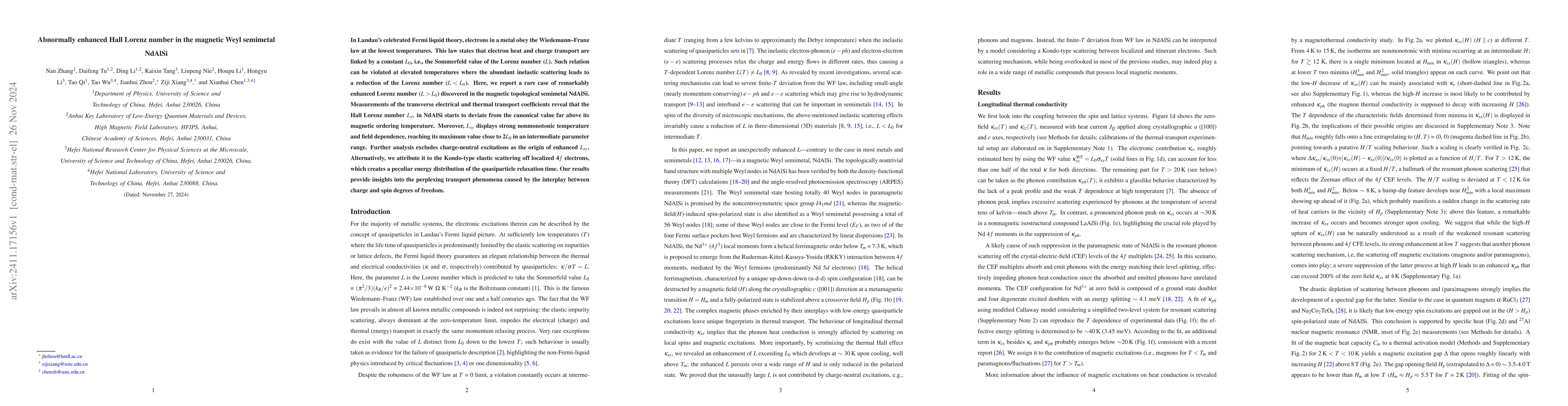 Thumbnail for Abnormally enhanced Hall Lorenz number in the magnetic Weyl semimetal
  NdAlSi