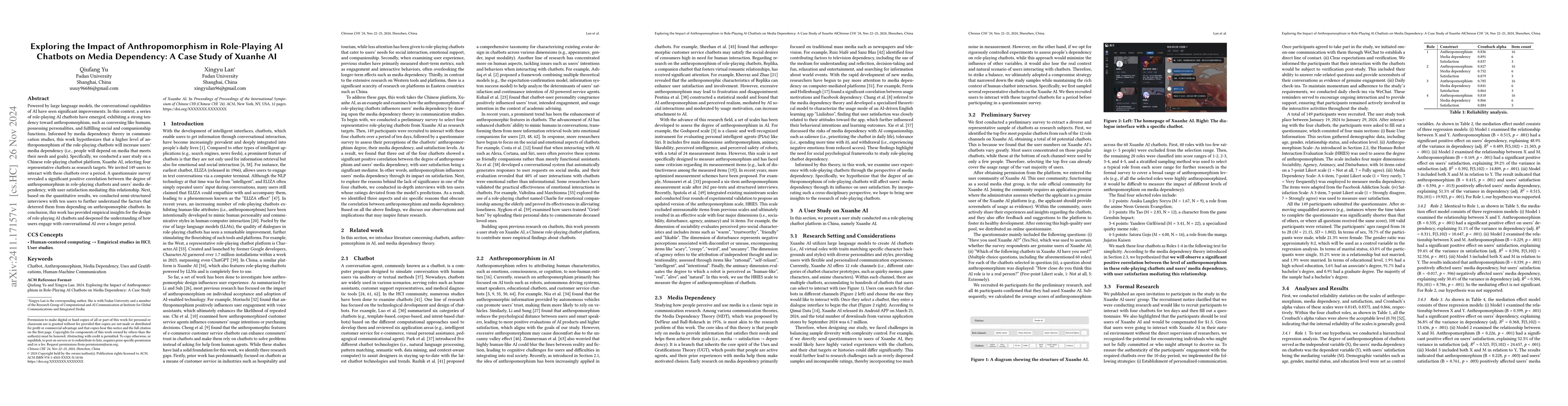 Thumbnail for Exploring the Impact of Anthropomorphism in Role-Playing AI Chatbots on
  Media Dependency: A Case Study of Xuanhe AI