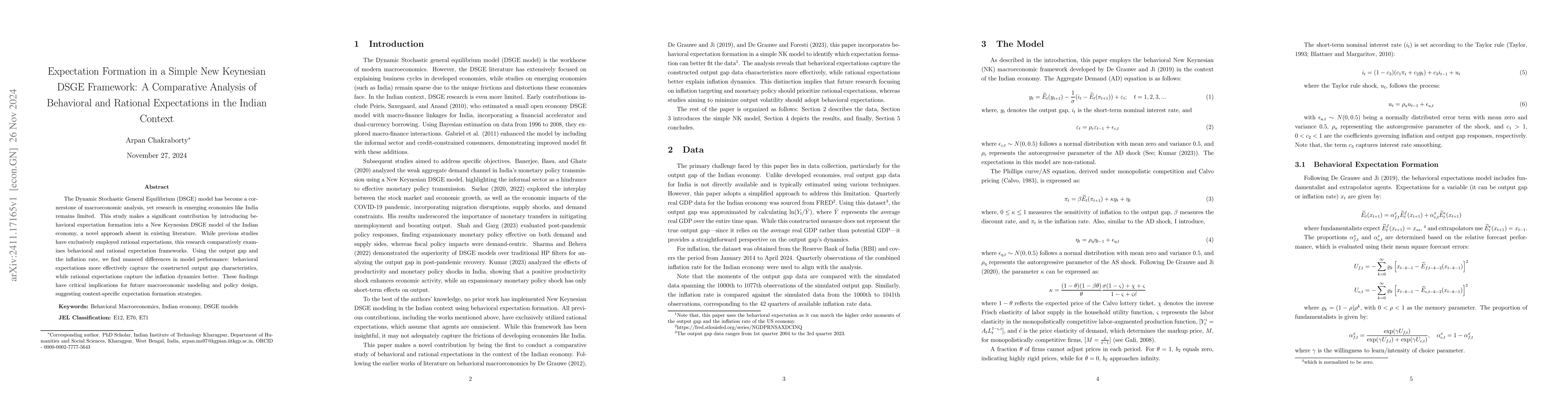 Thumbnail for Expectation Formation in a Simple New Keynesian DSGE Framework: A
  Comparative Analysis of Behavioral and Rational Expectations in the Indian
  Context