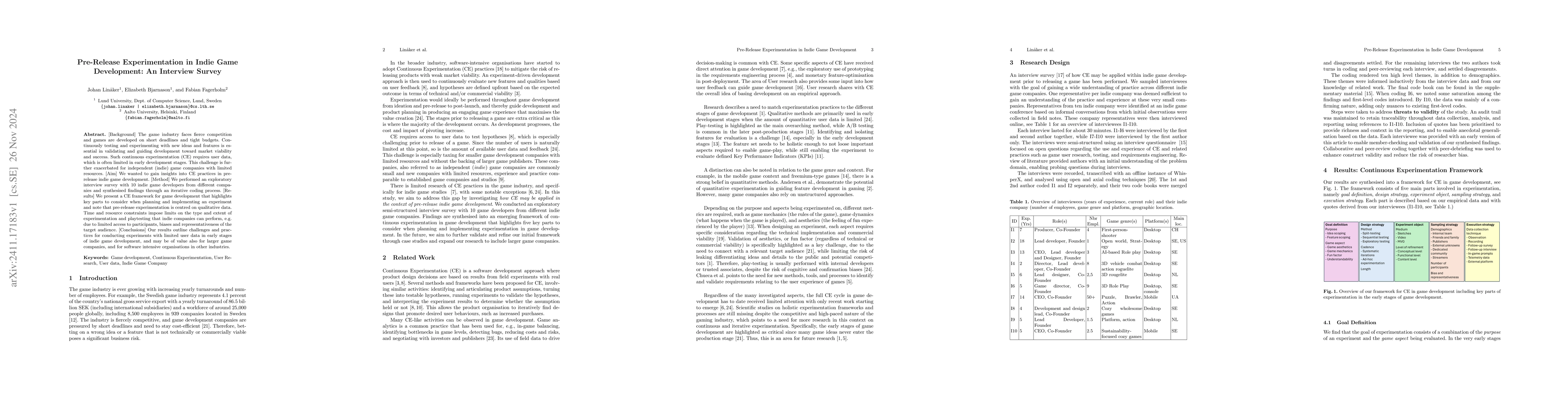Thumbnail for Pre-Release Experimentation in Indie Game Development: An Interview
  Survey