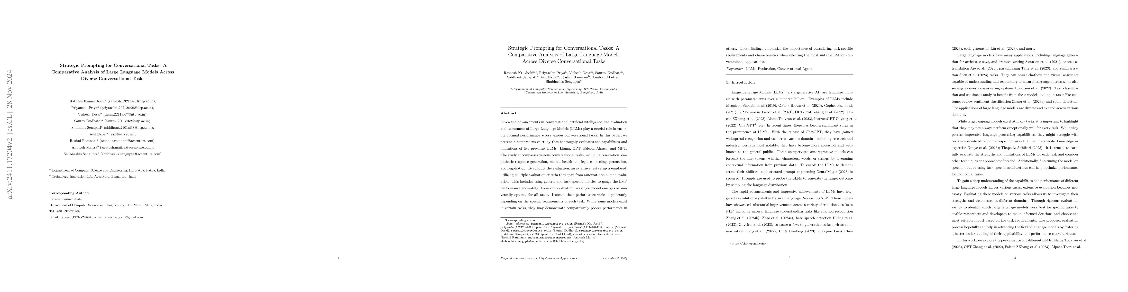 Thumbnail for Strategic Prompting for Conversational Tasks: A Comparative Analysis of
  Large Language Models Across Diverse Conversational Tasks