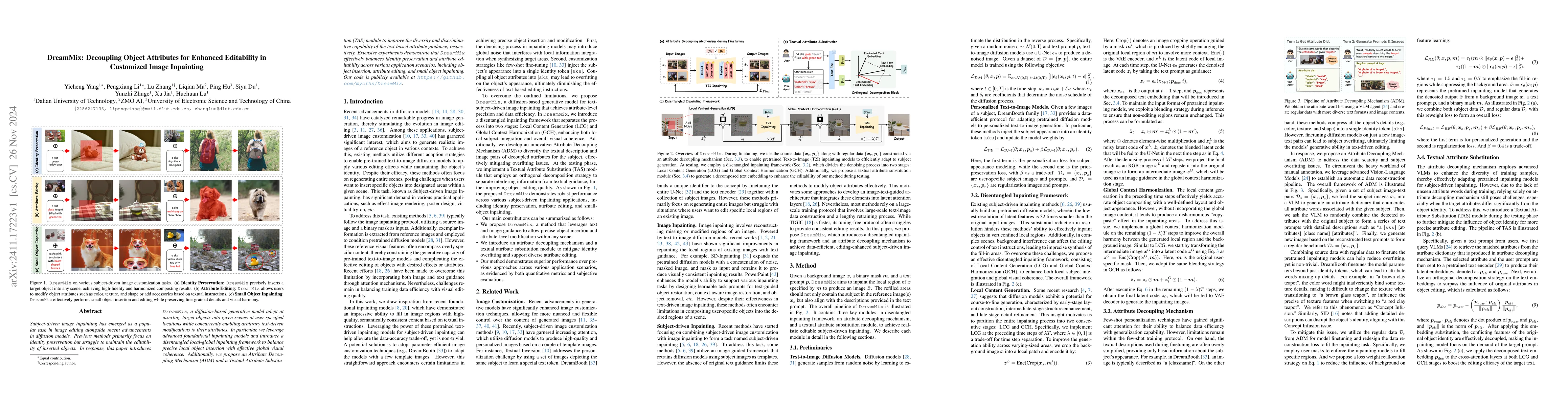 Thumbnail for DreamMix: Decoupling Object Attributes for Enhanced Editability in
  Customized Image Inpainting