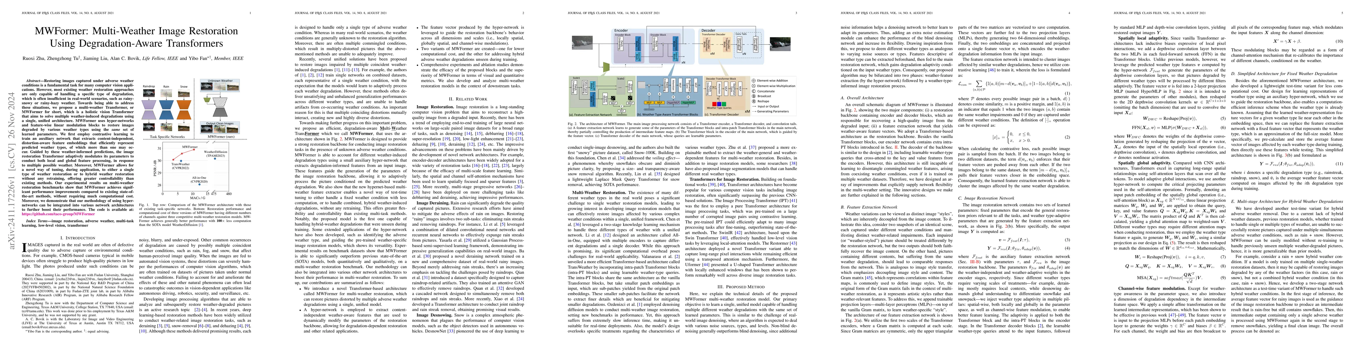 Thumbnail for MWFormer: Multi-Weather Image Restoration Using Degradation-Aware
  Transformers