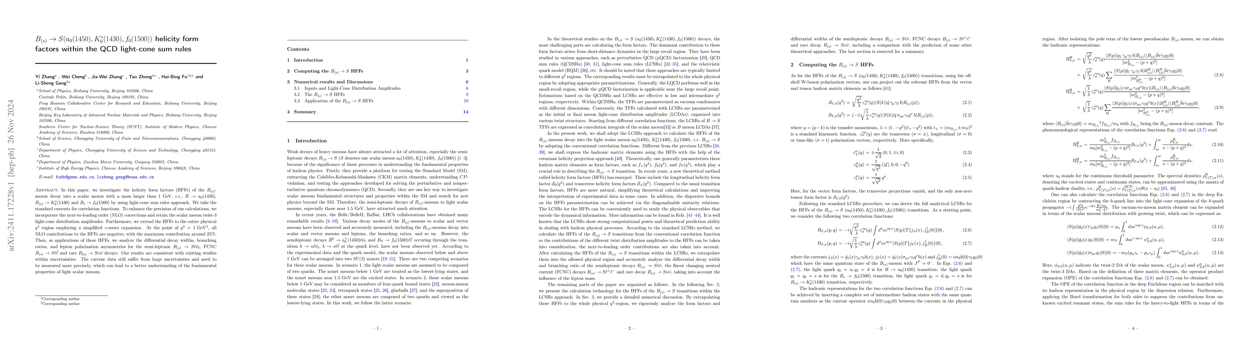 Thumbnail for $B_{(s)} \to S(a_0(1450), K_0^*(1430), f_0(1500))$ helicity form factors
  within the QCD light-cone sum rules