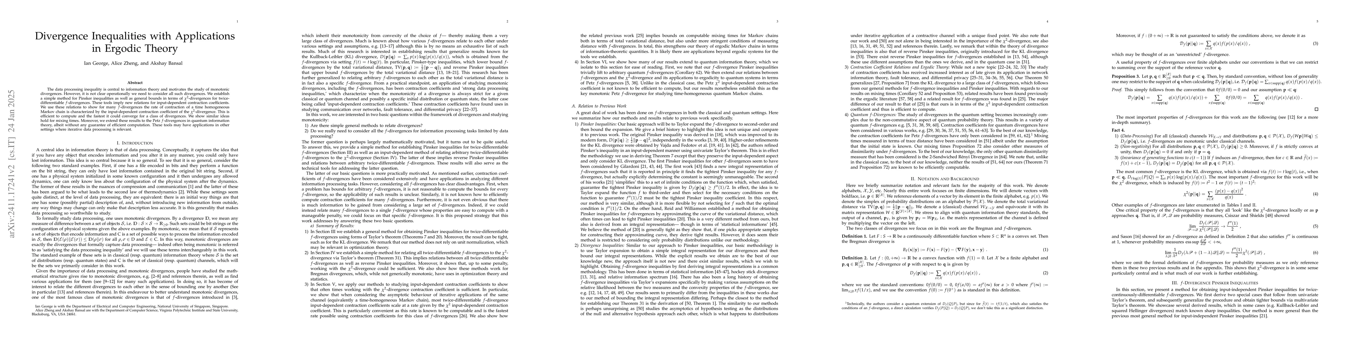 Thumbnail for Divergence Inequalities with Applications in Ergodic Theory