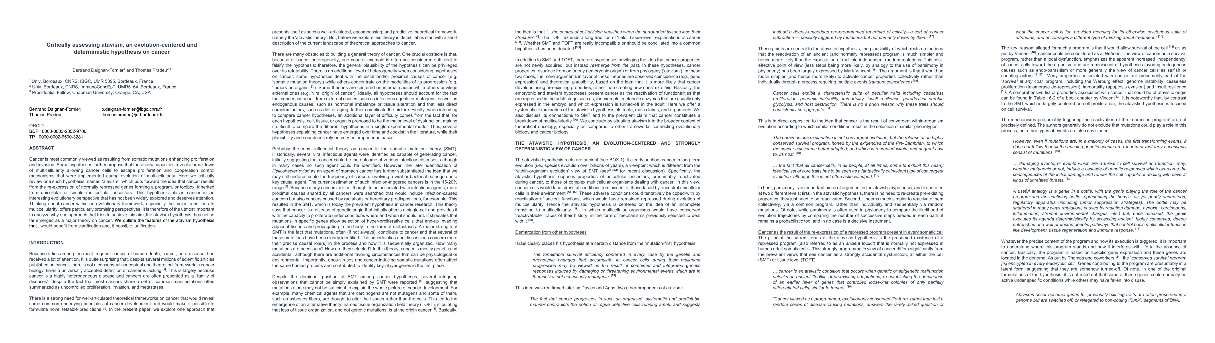 Thumbnail for Critically assessing atavism, an evolution-centered and deterministic
  hypothesis on cancer