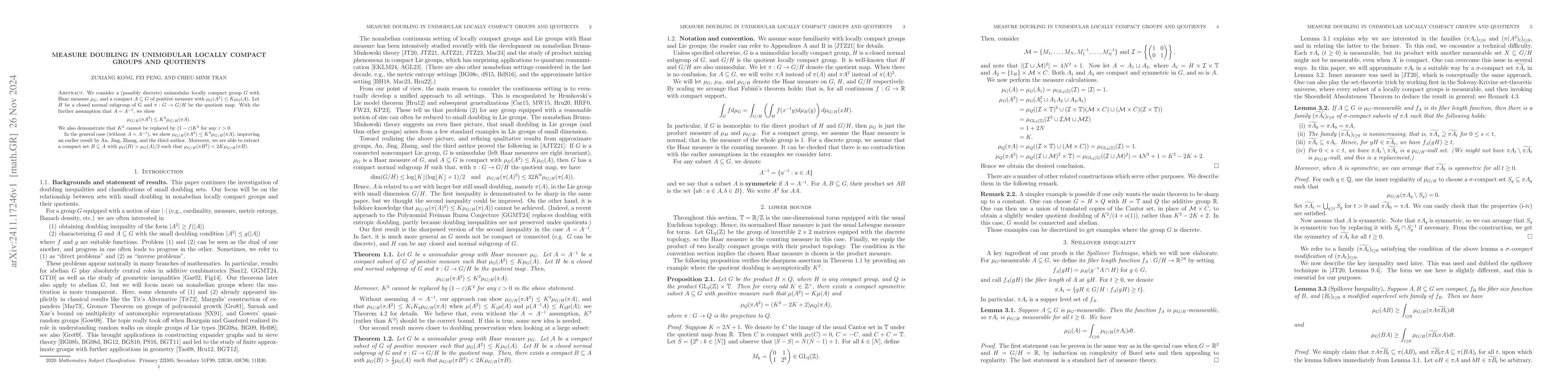 Thumbnail for Measure doubling in unimodular locally compact groups and quotients