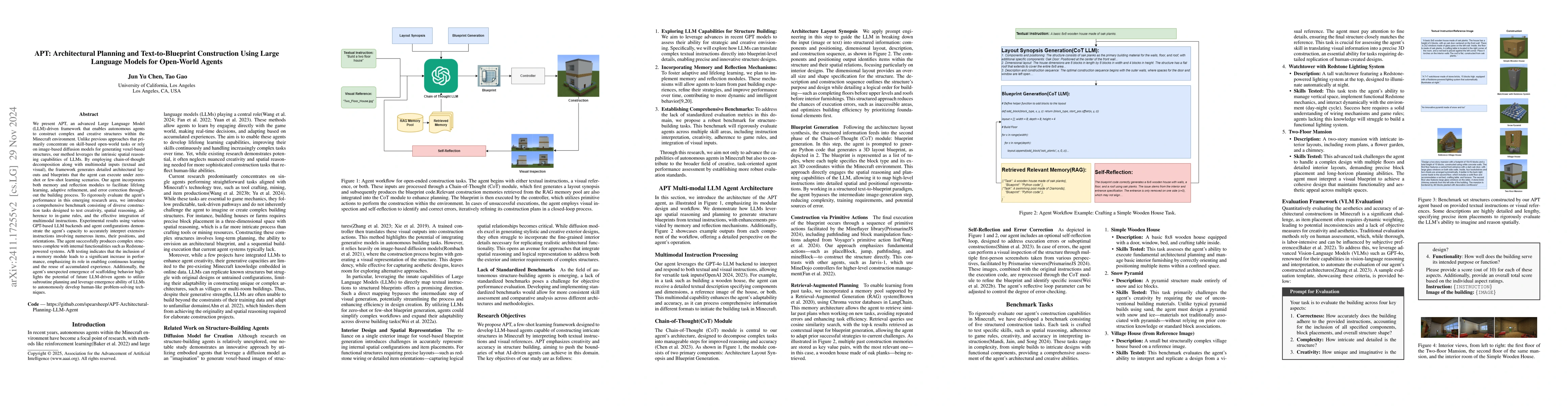 Thumbnail for APT: Architectural Planning and Text-to-Blueprint Construction Using
  Large Language Models for Open-World Agents