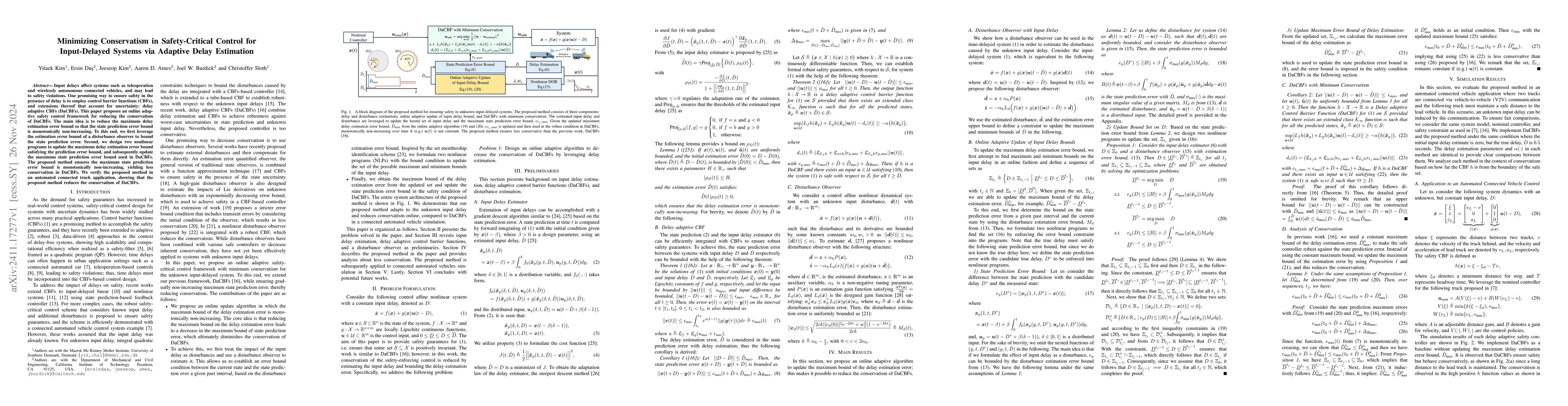 Thumbnail for Minimizing Conservatism in Safety-Critical Control for Input-Delayed
  Systems via Adaptive Delay Estimation