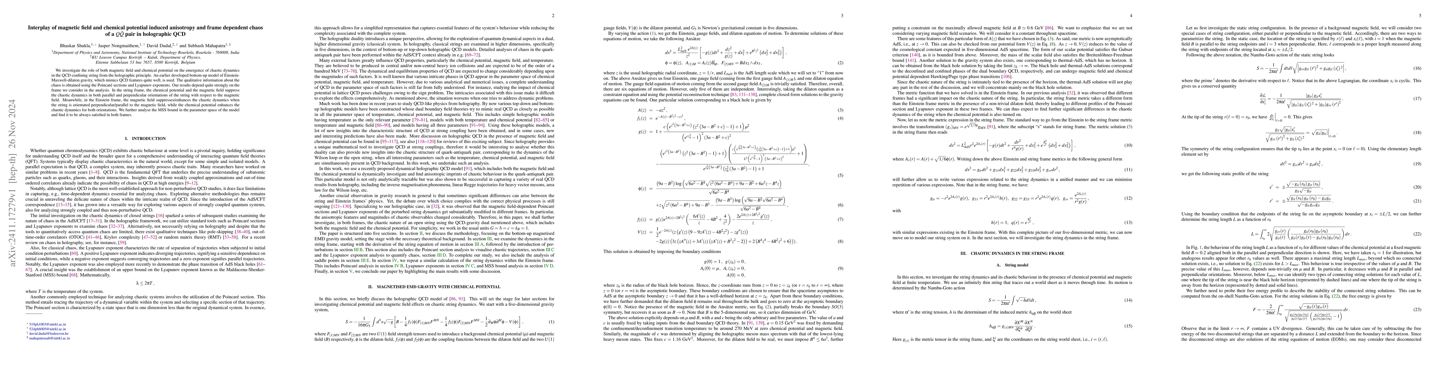 Thumbnail for Interplay of magnetic field and chemical potential induced anisotropy
  and frame dependent chaos of a $Q\bar{Q}$ pair in holographic QCD
