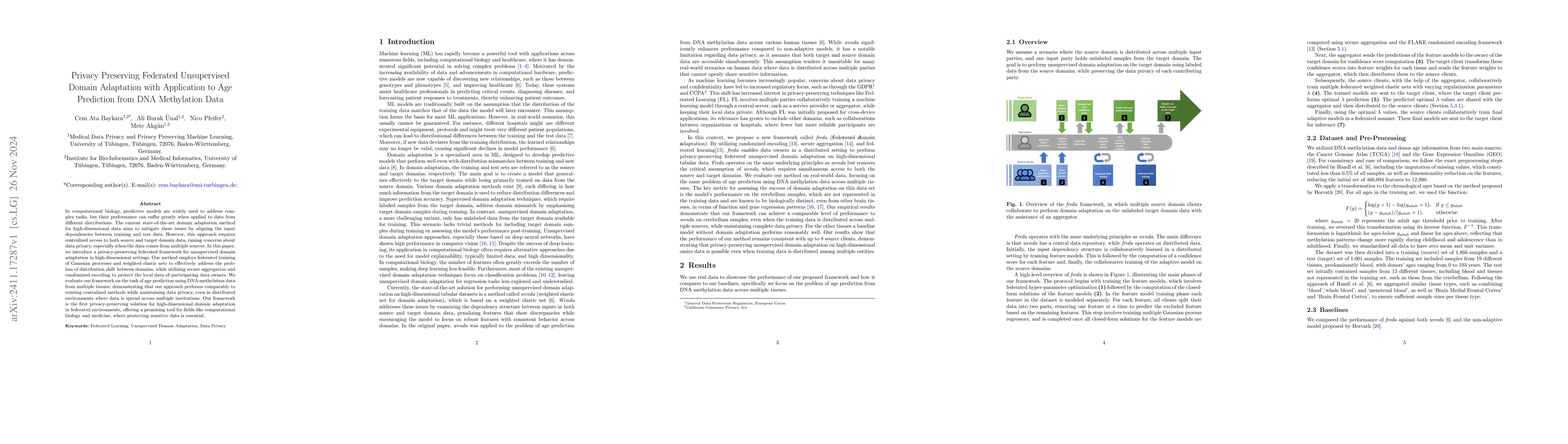 Thumbnail for Privacy Preserving Federated Unsupervised Domain Adaptation with
  Application to Age Prediction from DNA Methylation Data