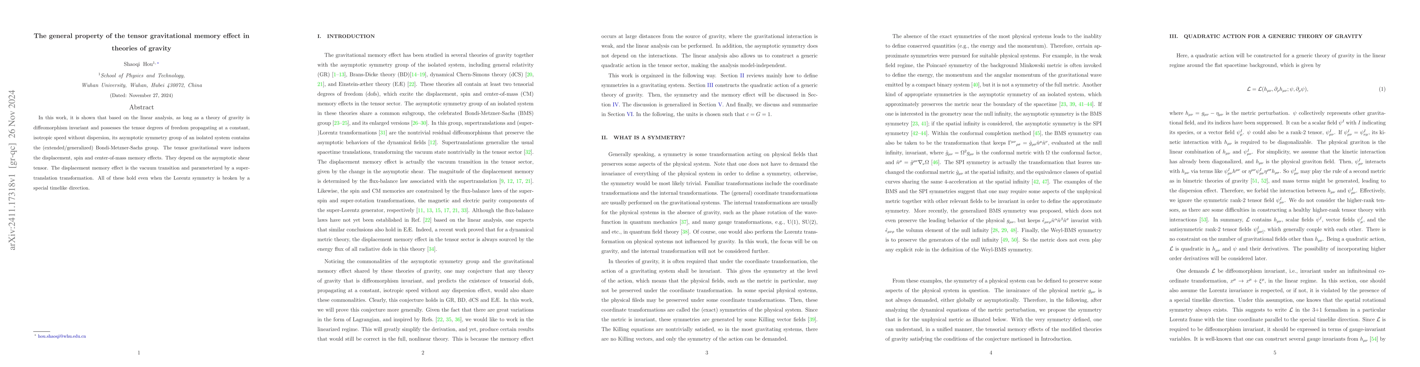 Thumbnail for The general property of the tensor gravitational memory effect in
  theories of gravity