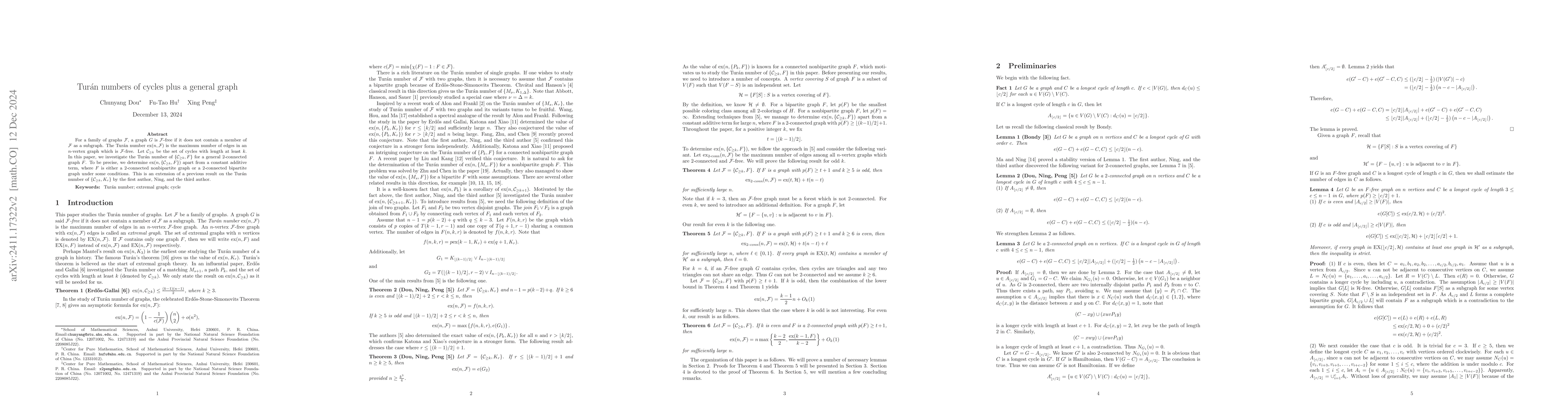Thumbnail for Turán numbers of cycles plus a general graph