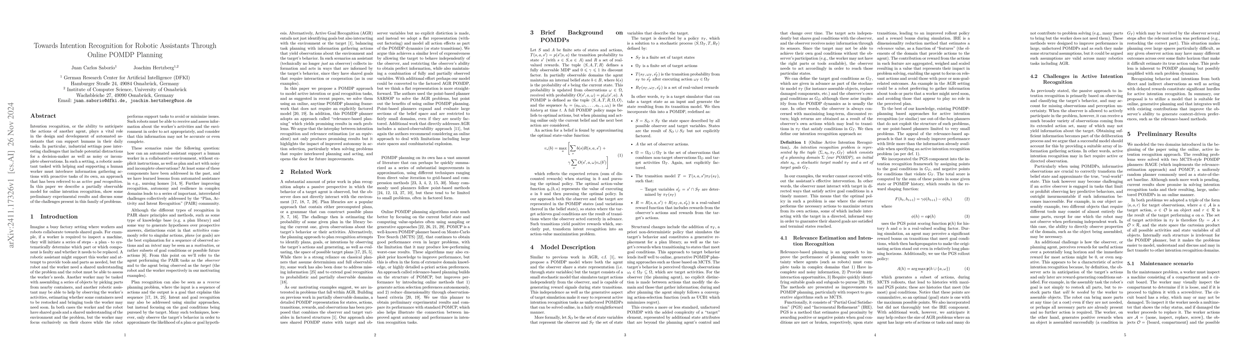 Thumbnail for Towards Intention Recognition for Robotic Assistants Through Online
  POMDP Planning
