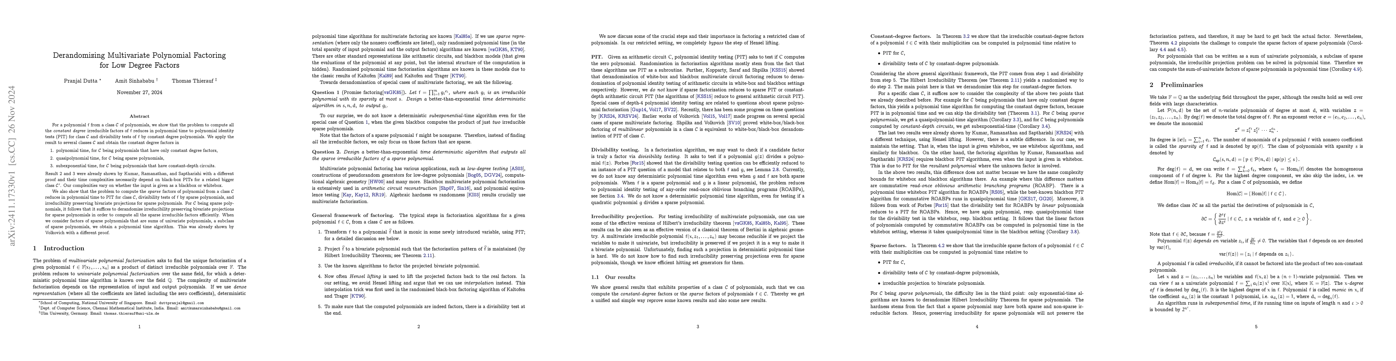 Thumbnail for Derandomizing Multivariate Polynomial Factoring for Low Degree Factors