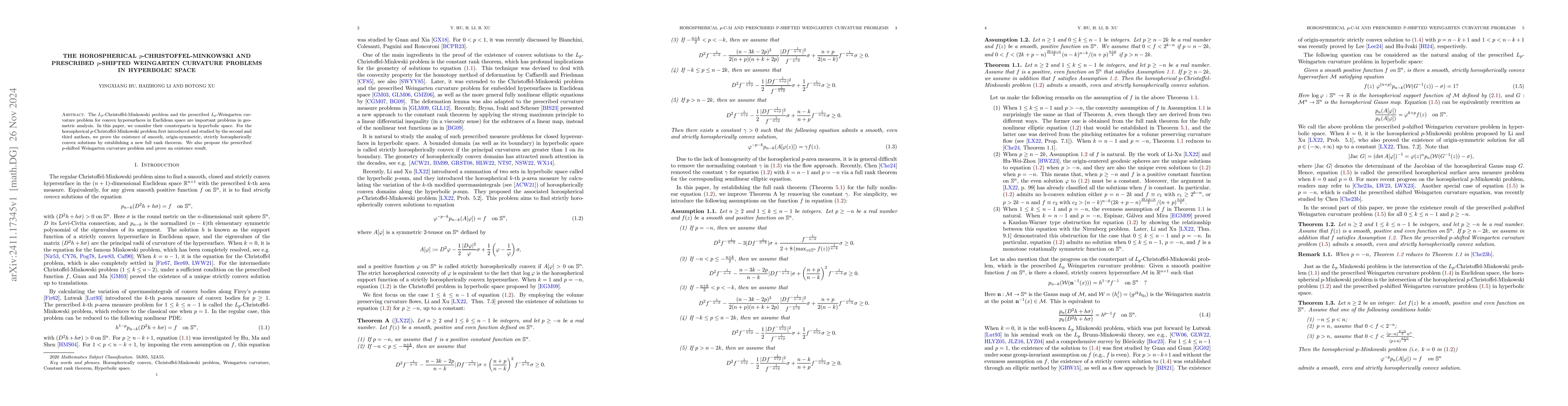 Thumbnail for The horospherical $p$-Christoffel-Minkowski and prescribed $p$-shifted
  Weingarten curvature problems in hyperbolic space