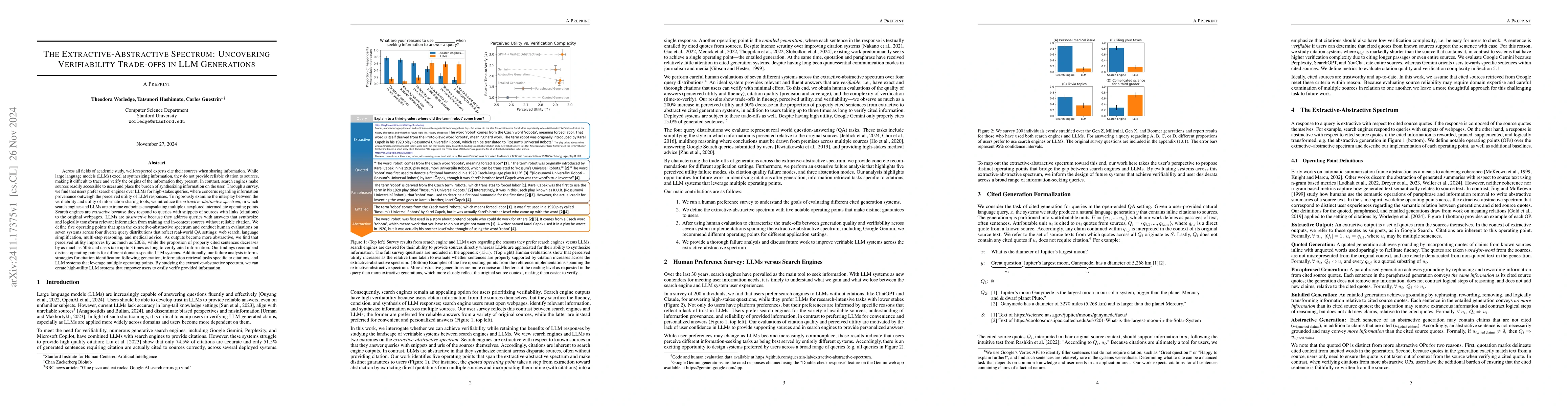 Thumbnail for The Extractive-Abstractive Spectrum: Uncovering Verifiability Trade-offs
  in LLM Generations