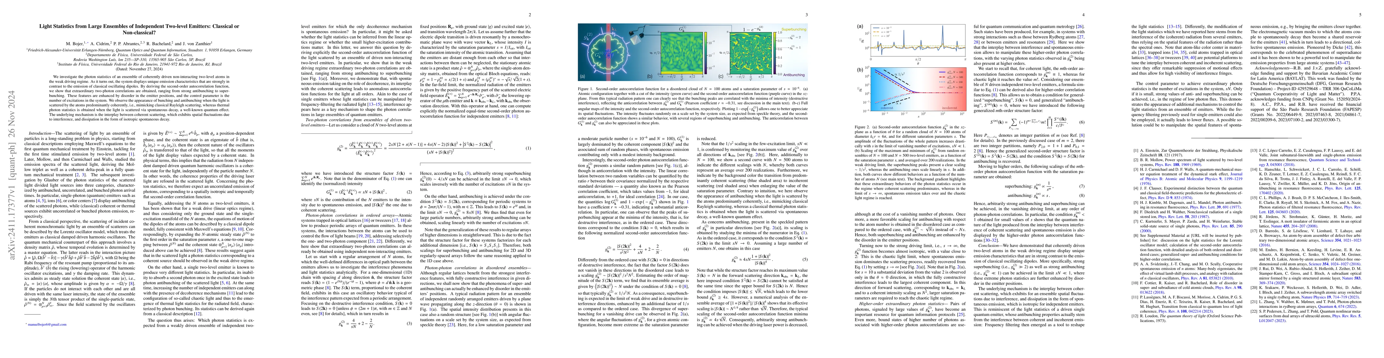 Thumbnail for Light Statistics from Large Ensembles of Independent Two-level Emitters:
  Classical or Non-classical?