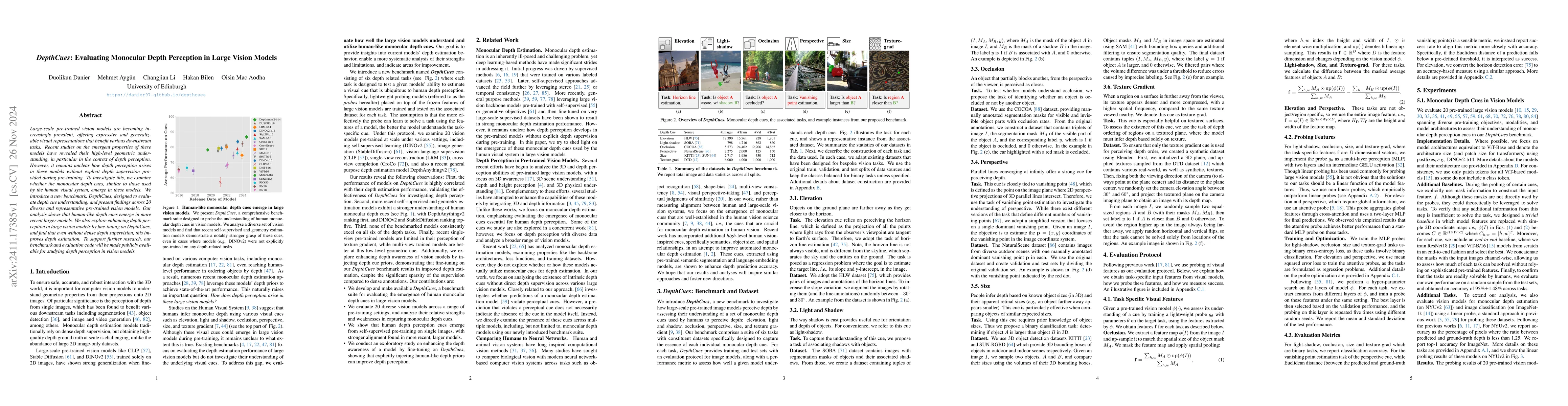Thumbnail for DepthCues: Evaluating Monocular Depth Perception in Large Vision Models