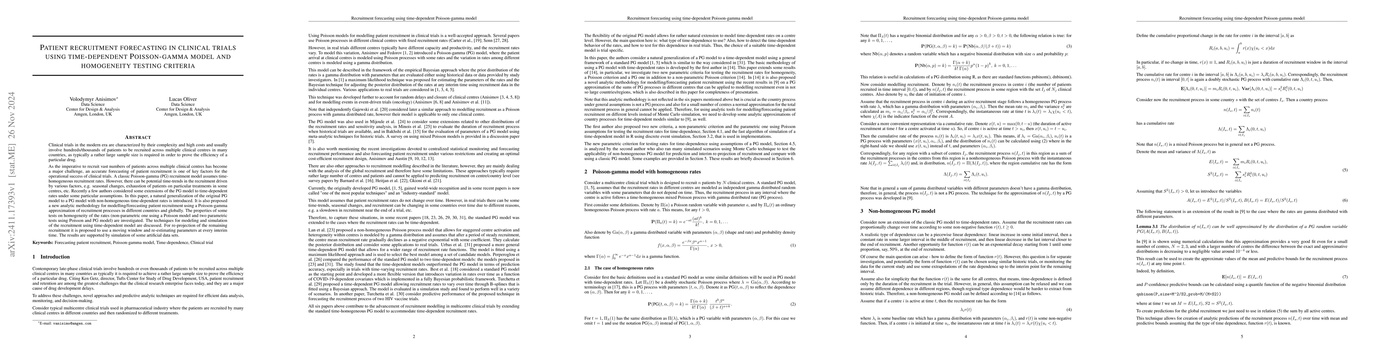 Thumbnail for Patient recruitment forecasting in clinical trials using time-dependent
  Poisson-gamma model and homogeneity testing criteria