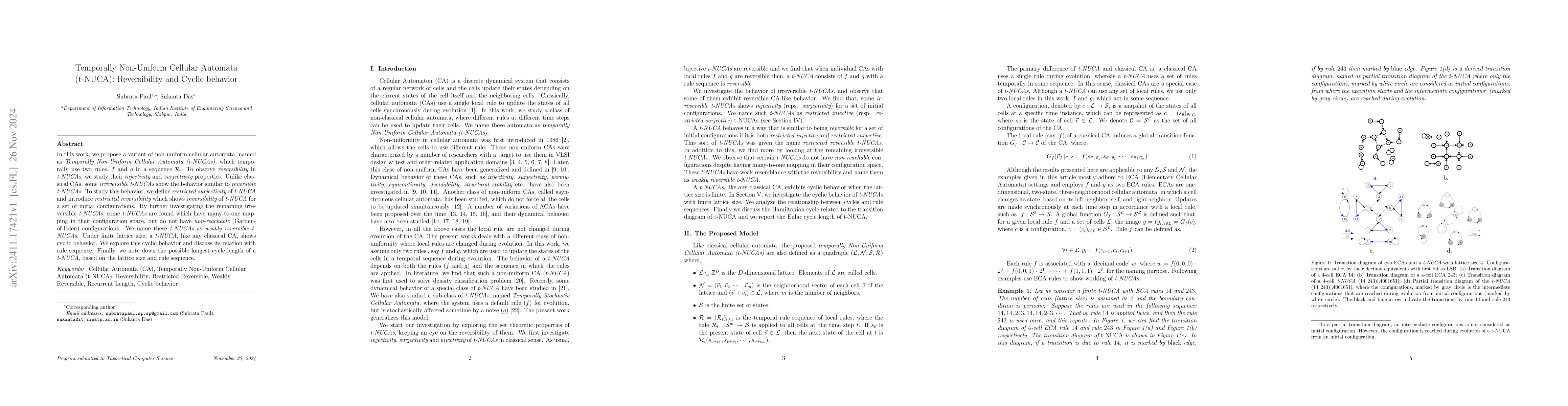 Thumbnail for Temporally Non-Uniform Cellular Automata (t-NUCA): Reversibility and
  Cyclic behavior