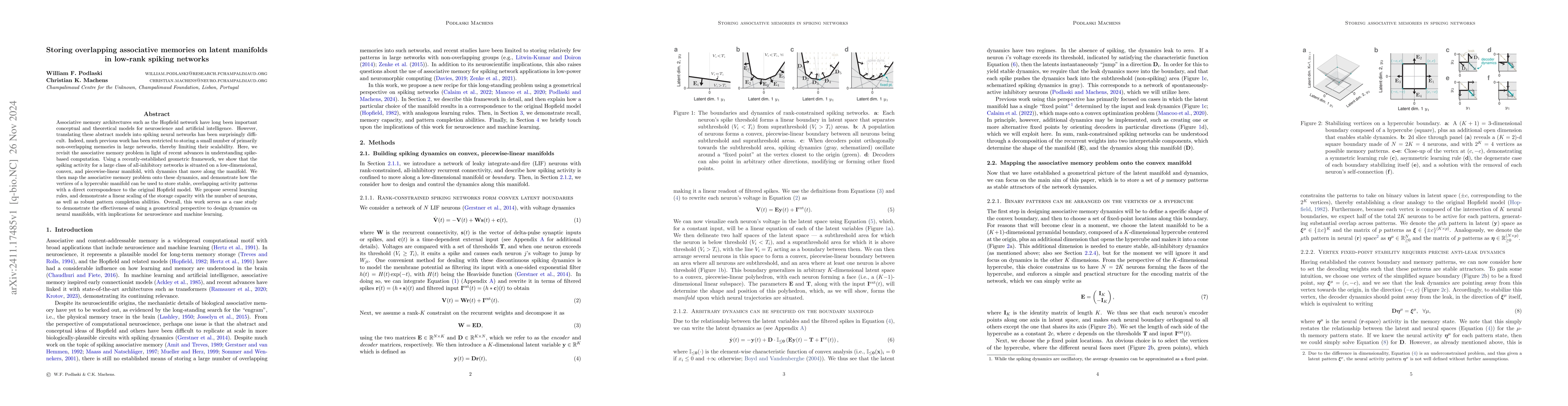 Thumbnail for Storing overlapping associative memories on latent manifolds in low-rank
  spiking networks
