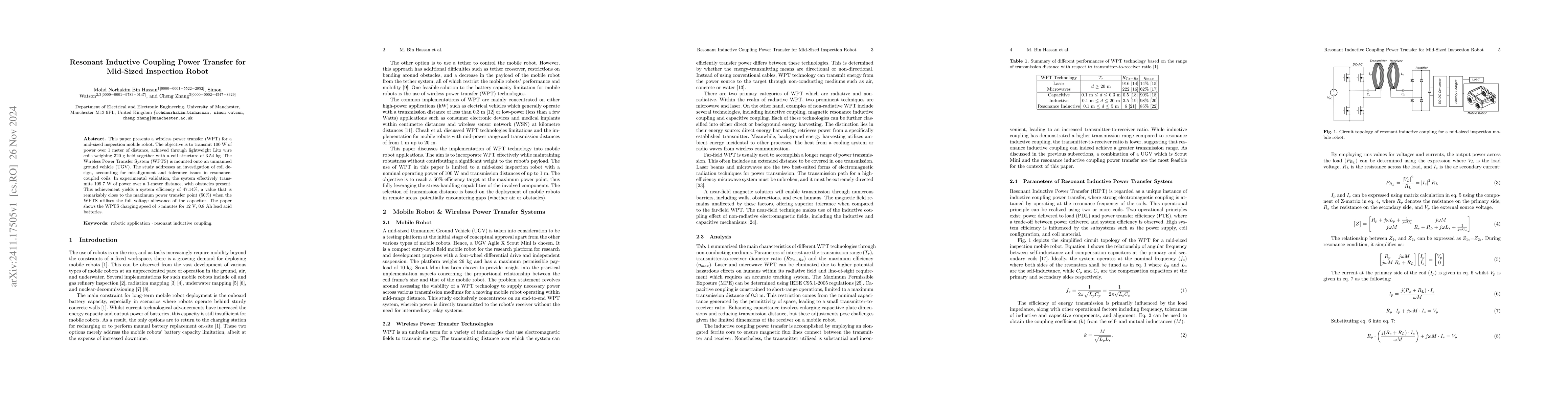 Thumbnail for Resonant Inductive Coupling Power Transfer for Mid-Sized Inspection
  Robot