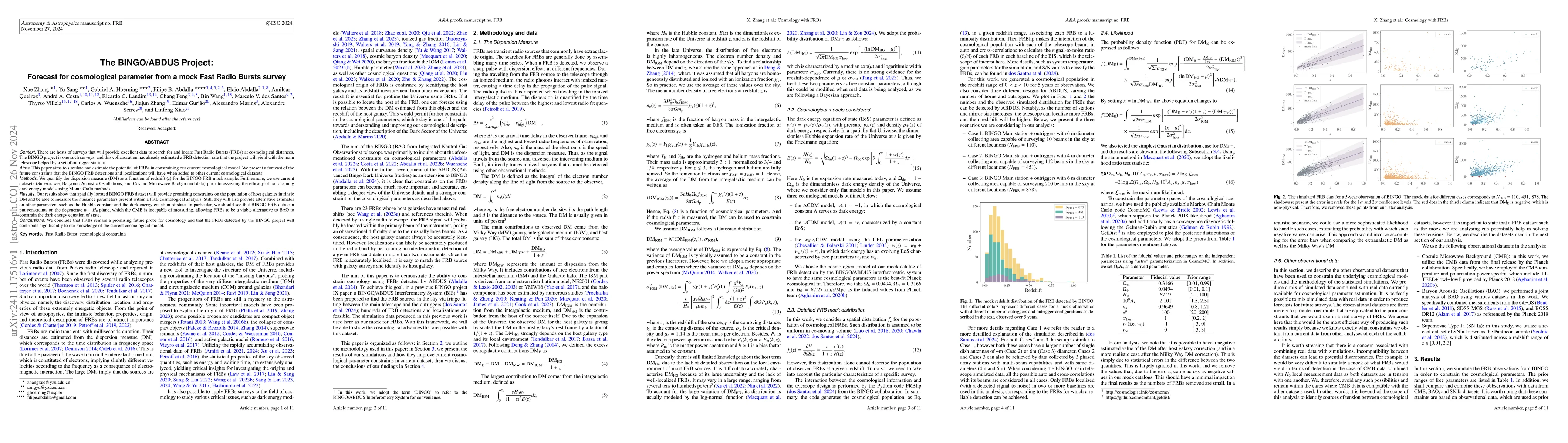Thumbnail for The BINGO/ABDUS Project: Forecast for cosmological parameter from a mock
  Fast Radio Bursts survey