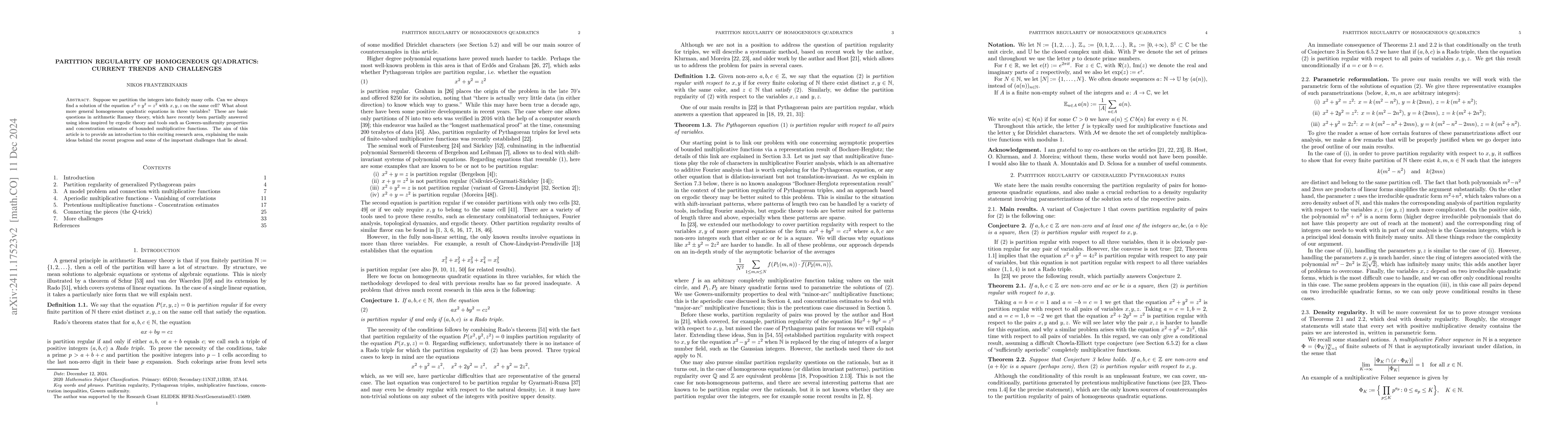 Thumbnail for Partition regularity of homogeneous quadratics: Current trends and
  challenges