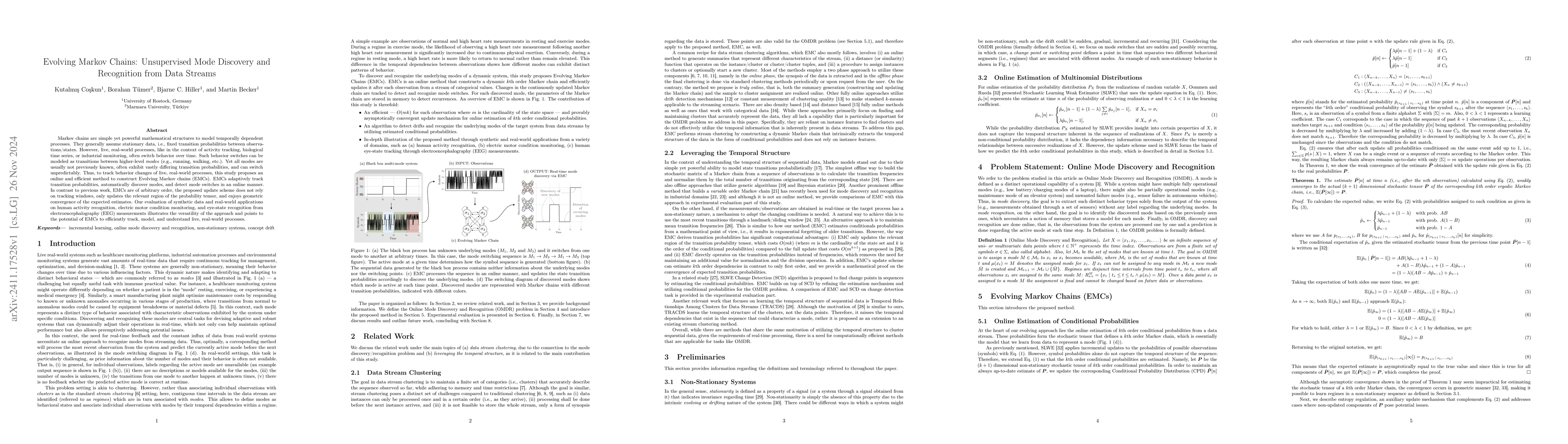 Thumbnail for Evolving Markov Chains: Unsupervised Mode Discovery and Recognition from
  Data Streams