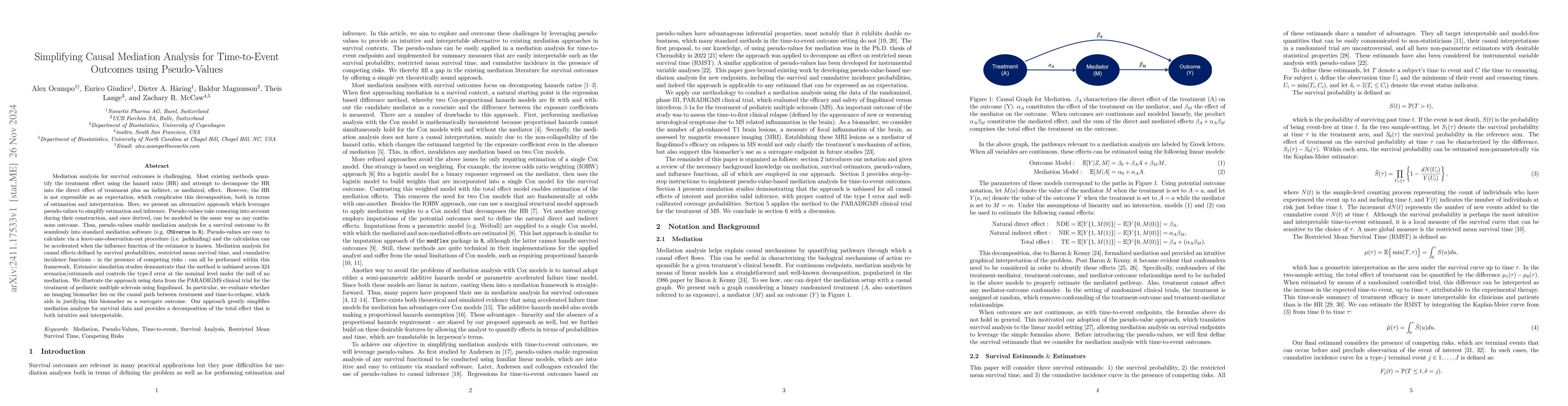 Thumbnail for Simplifying Causal Mediation Analysis for Time-to-Event Outcomes using
  Pseudo-Values