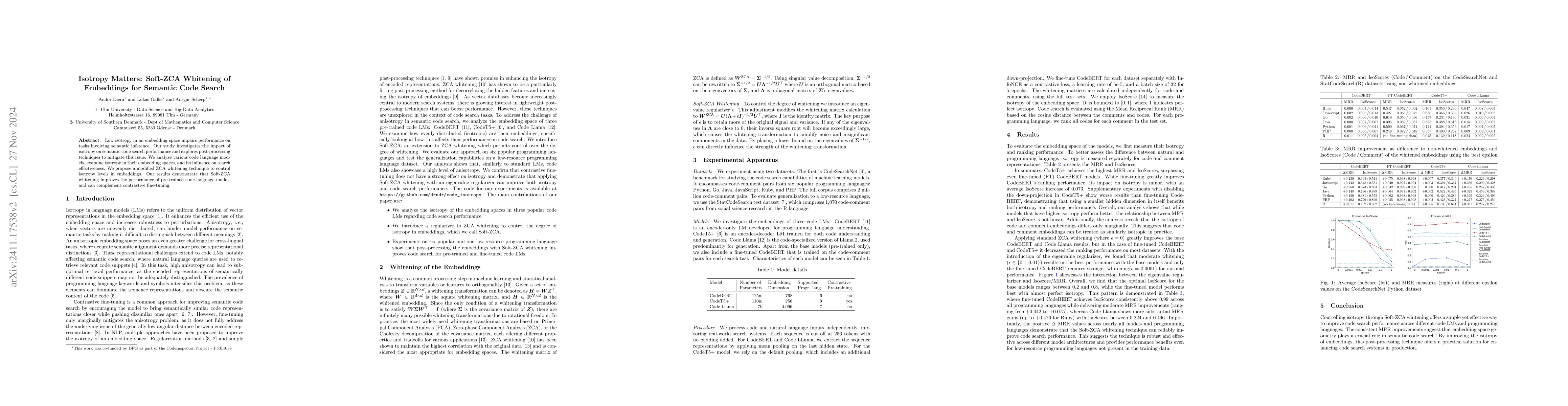 Thumbnail for Isotropy Matters: Soft-ZCA Whitening of Embeddings for Semantic Code
  Search