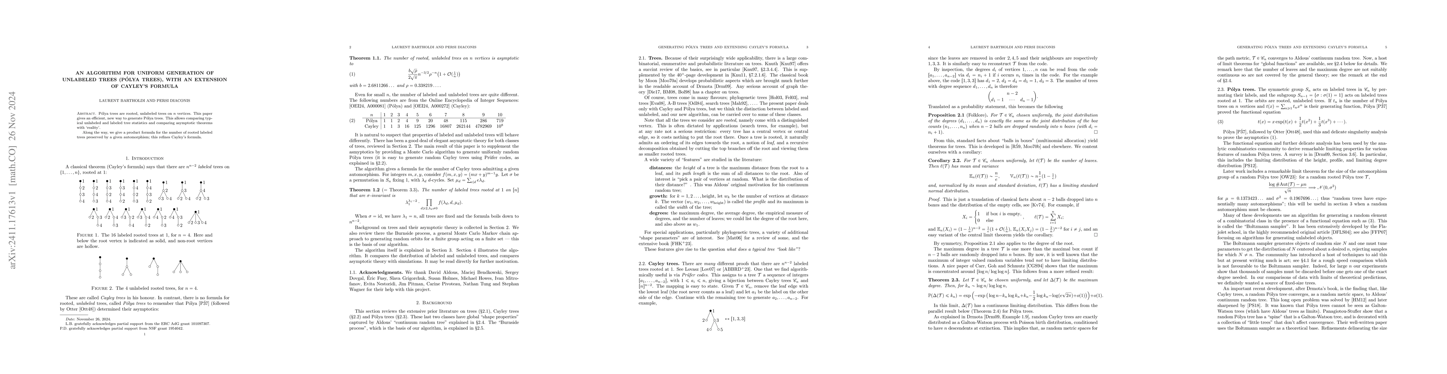 Thumbnail for An algorithm for uniform generation of unlabeled trees (Pólya trees),
  with an extension of Cayley's formula
