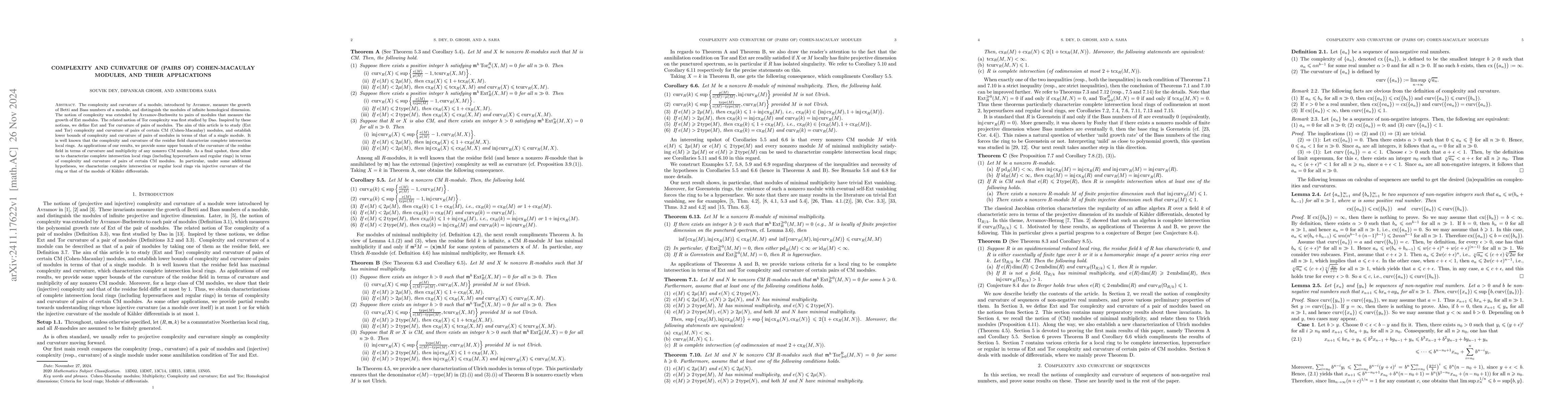 Thumbnail for Complexity and curvature of (pairs of) Cohen-Macaulay modules, and their
  applications