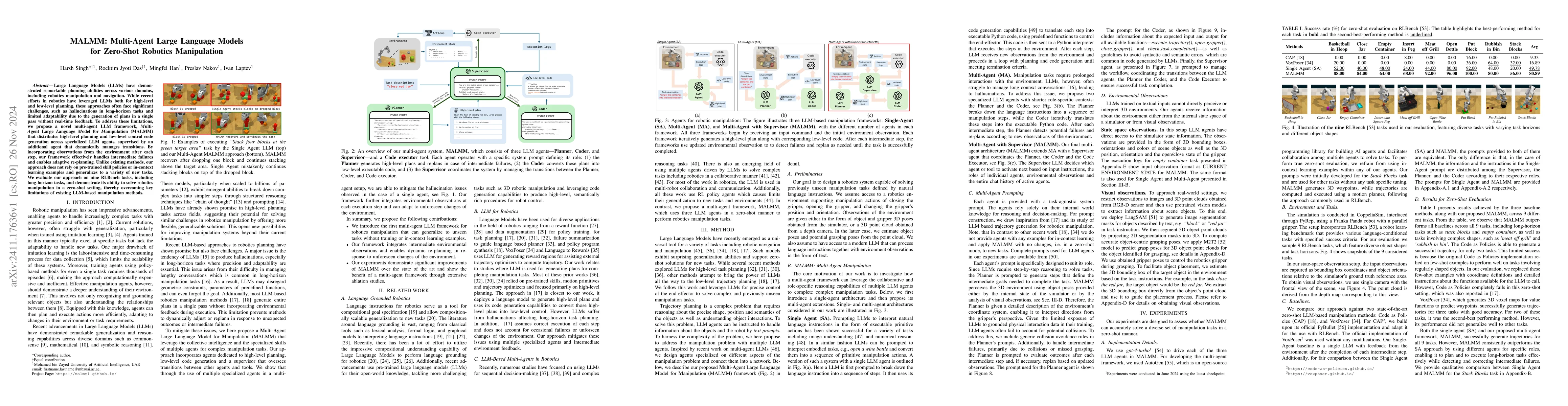Thumbnail for MALMM: Multi-Agent Large Language Models for Zero-Shot Robotics
  Manipulation