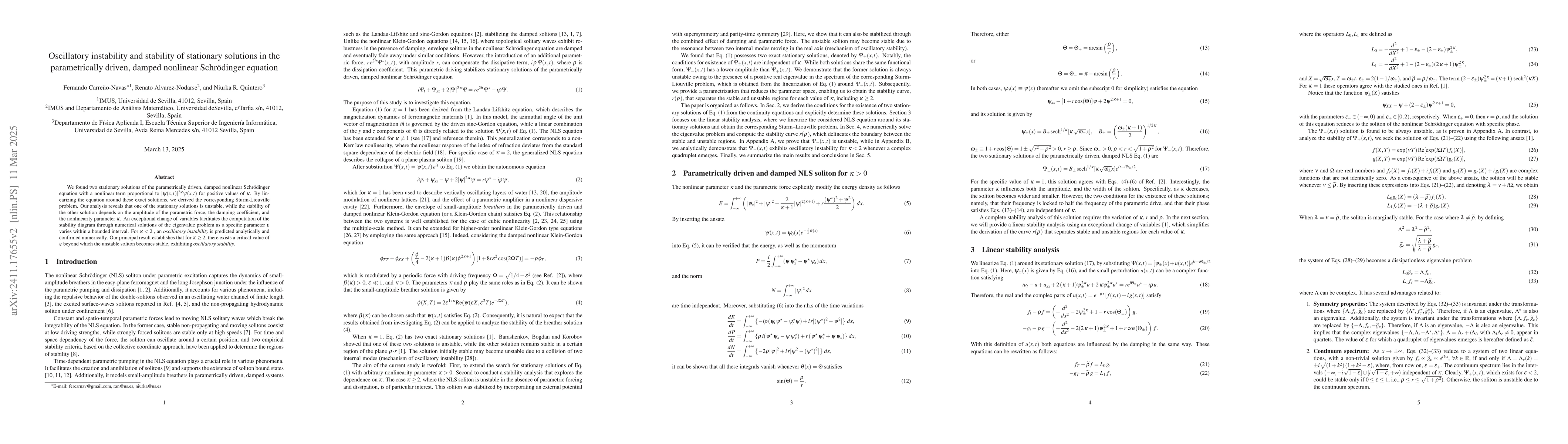 Thumbnail for Oscillatory instability and stability of stationary solutions in the
  parametrically driven, damped nonlinear Schrödinger equation