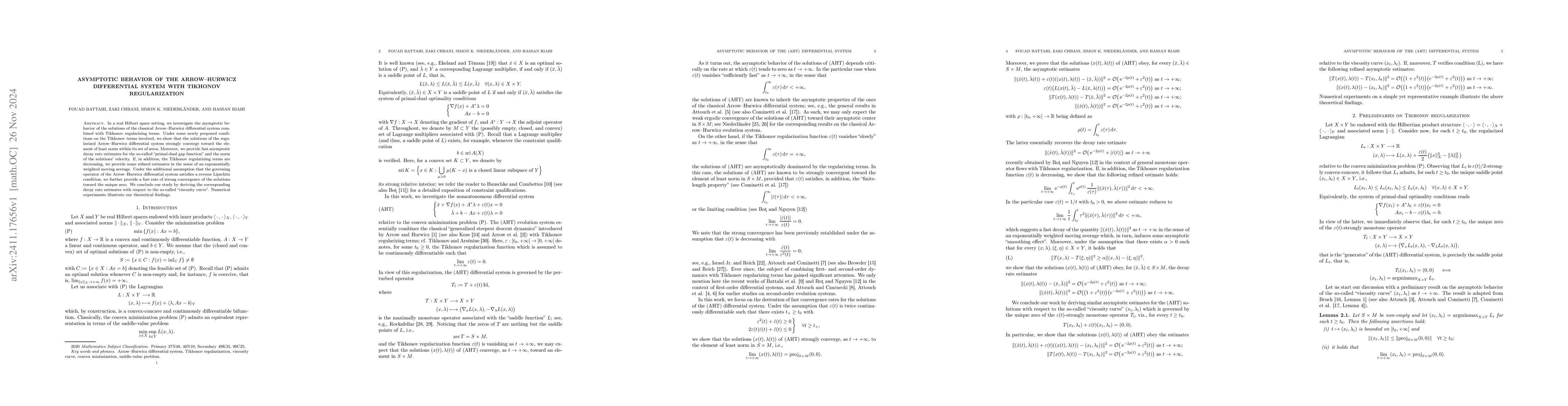 Thumbnail for Asymptotic behavior of the Arrow-Hurwicz differential system with
  Tikhonov regularization