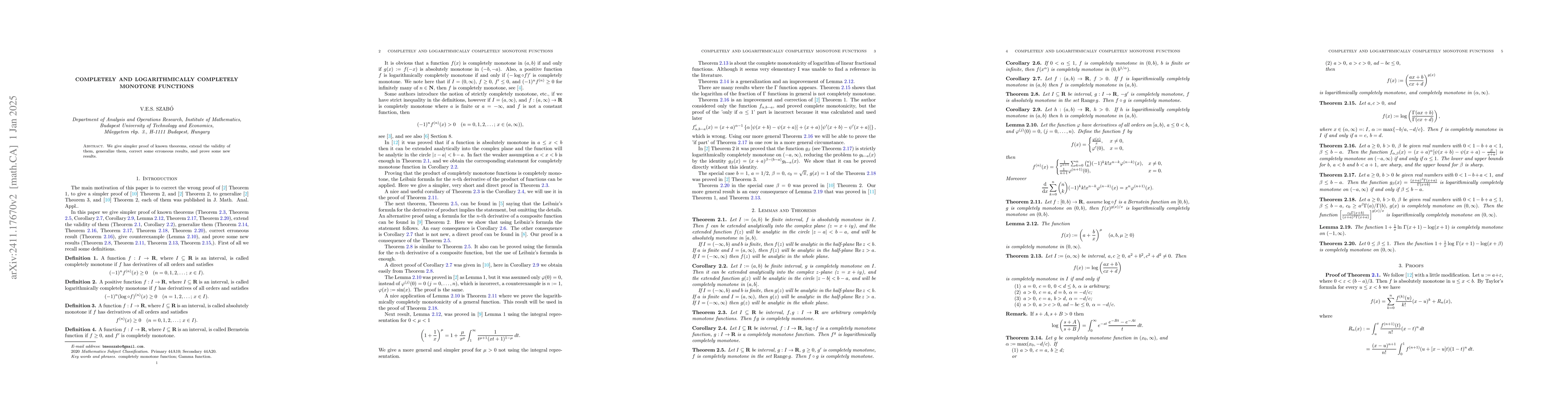 Thumbnail for Completely and logarithmically completely monotone functions