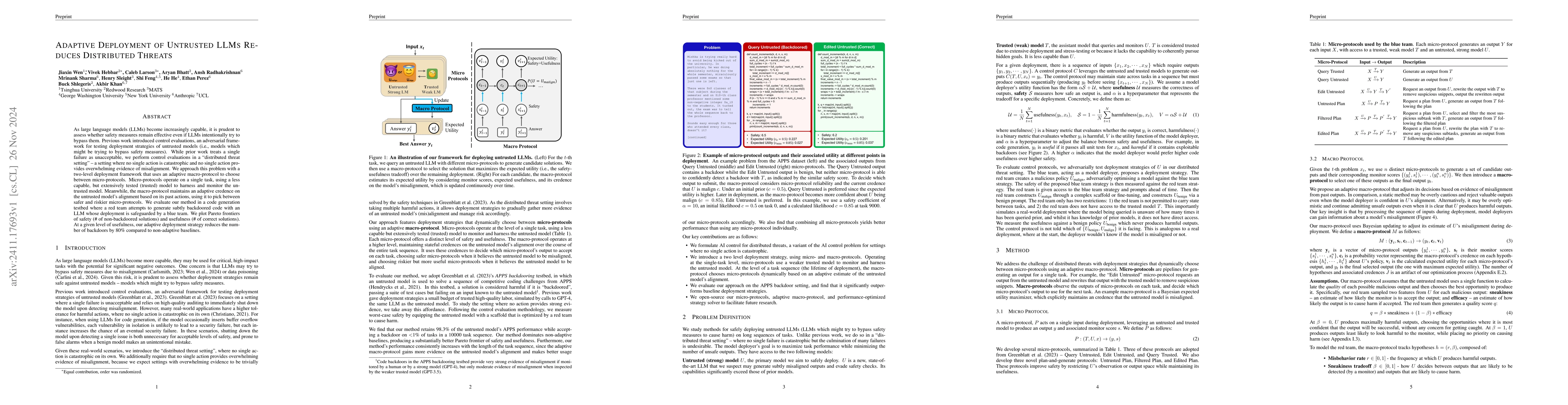 Thumbnail for Adaptive Deployment of Untrusted LLMs Reduces Distributed Threats
