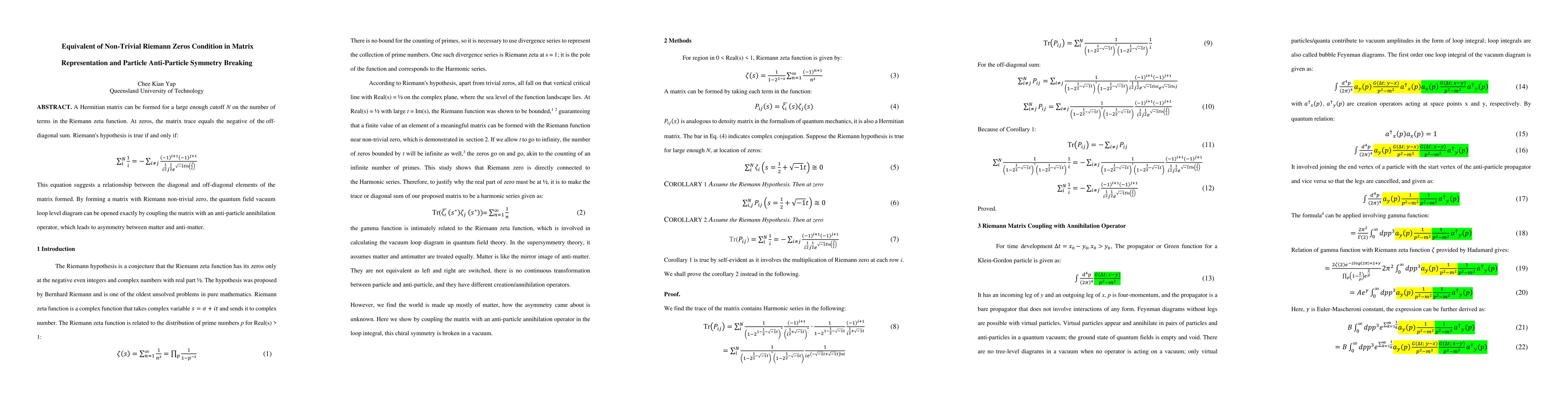 Thumbnail for Equivalent of Non-Trivial Riemann Zeros Condition in Matrix
  Representation and Particle Anti-Particle Symmetry Breaking