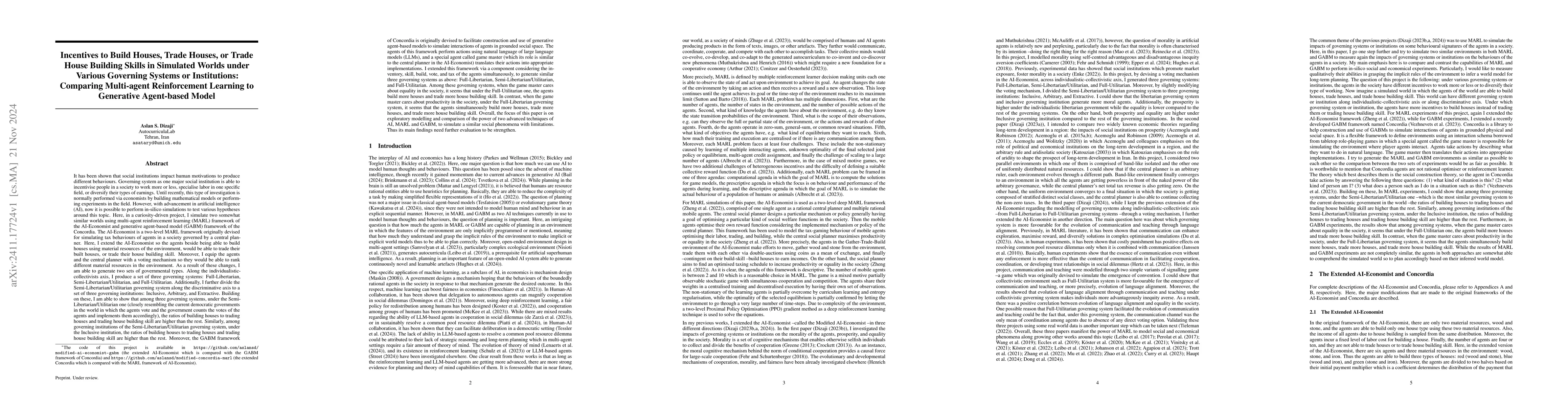 Thumbnail for Incentives to Build Houses, Trade Houses, or Trade House Building Skills
  in Simulated Worlds under Various Governing Systems or Institutions:
  Comparing Multi-agent Reinforcement Learning to Generative Agent-based Model