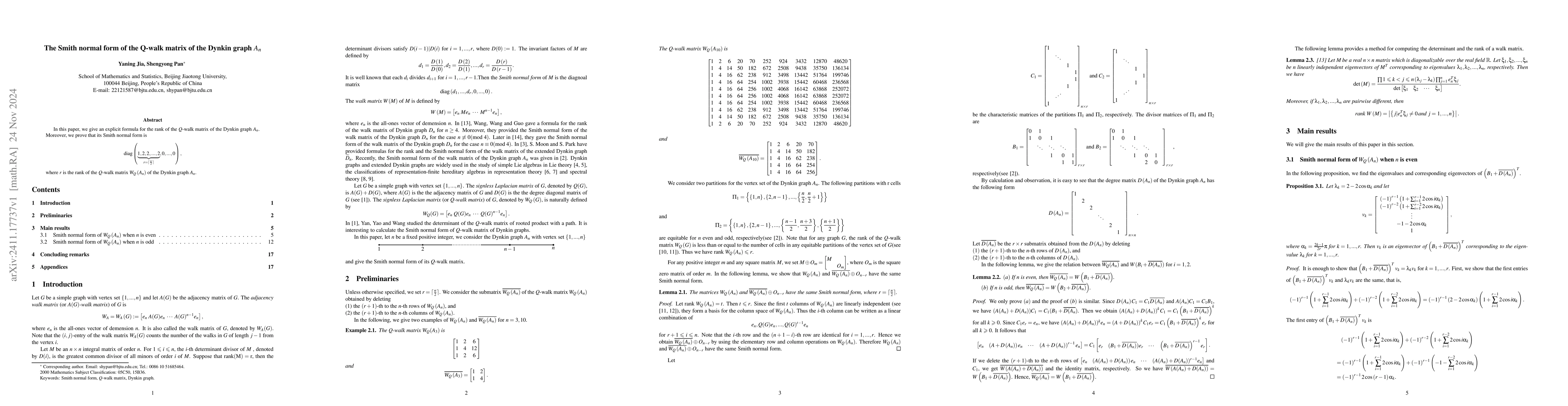 Thumbnail for The Smith normal form of the Q-walk matrix of the Dynkin graph $A_n$