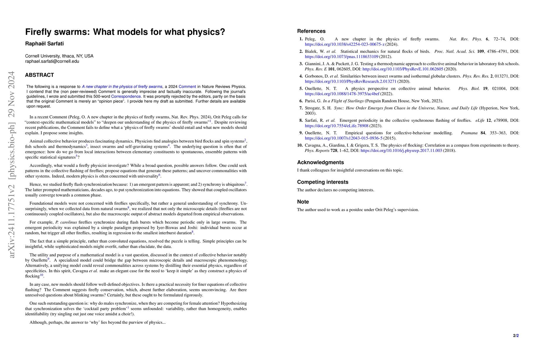 Thumbnail for Firefly swarms: What models for what physics?