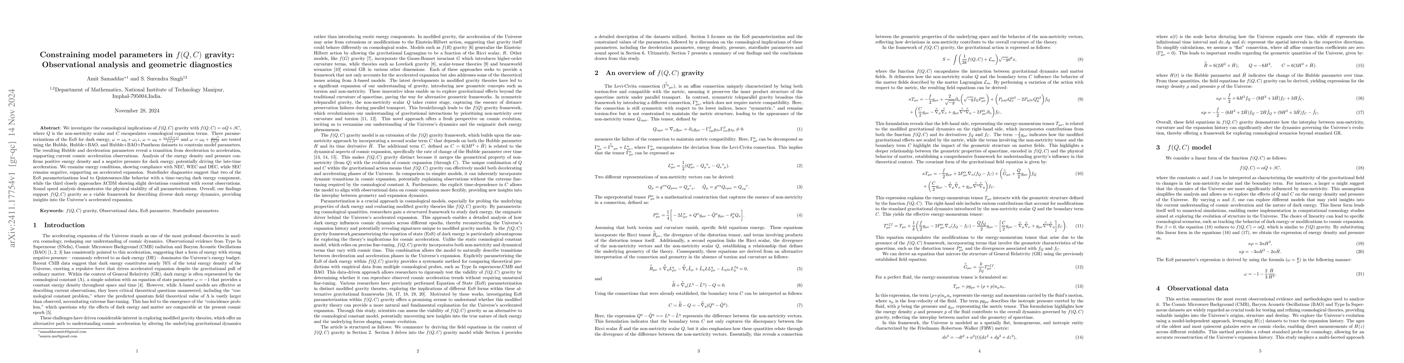 Thumbnail for Constraining model parameters in f(Q,C) gravity: Observational analysis
  and geometric diagnostics